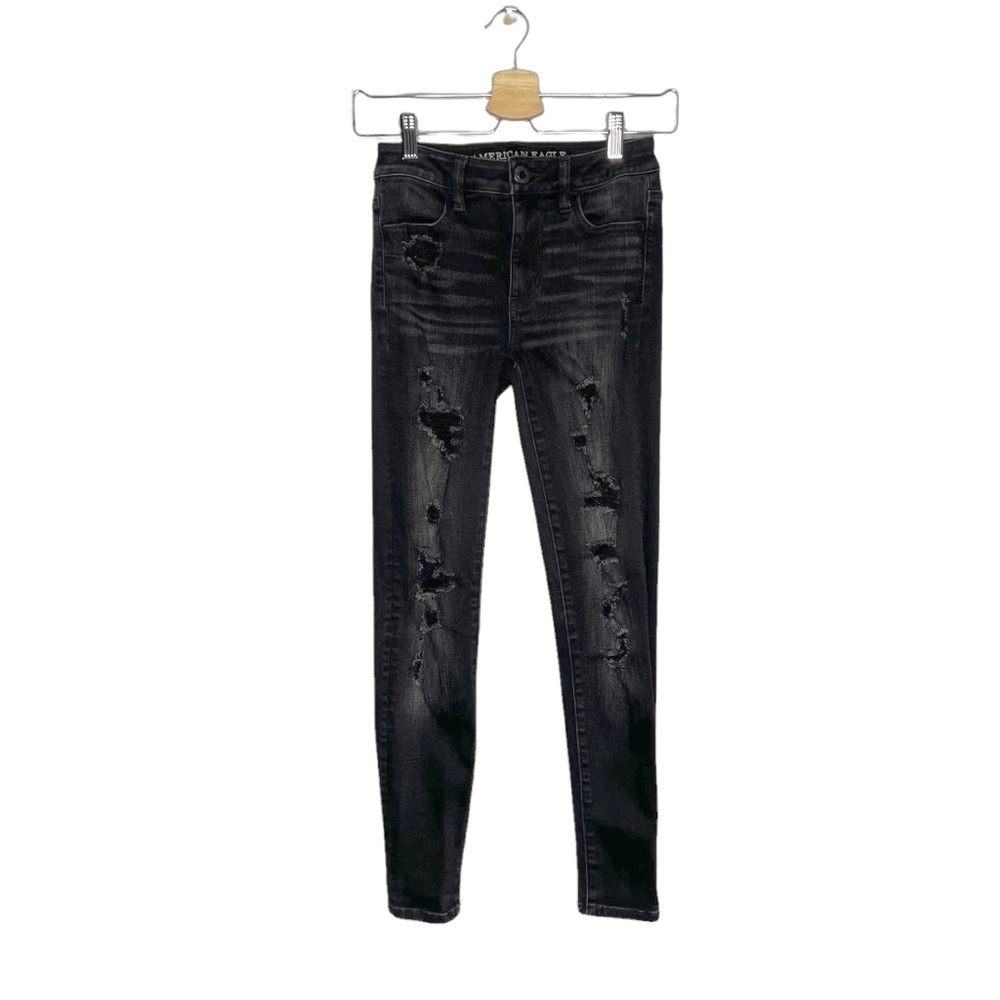 American Eagle Hi Rise Jegging Faded Black Distressed Jeans